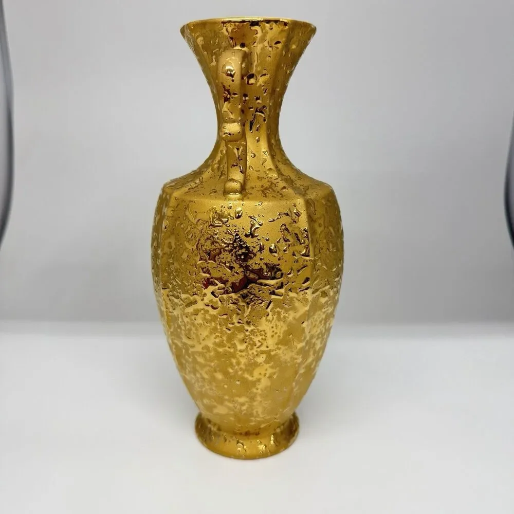 Vtg 1970 Handmade Textured Gold Ceramic Vase Double Handle MCM 10” Signed